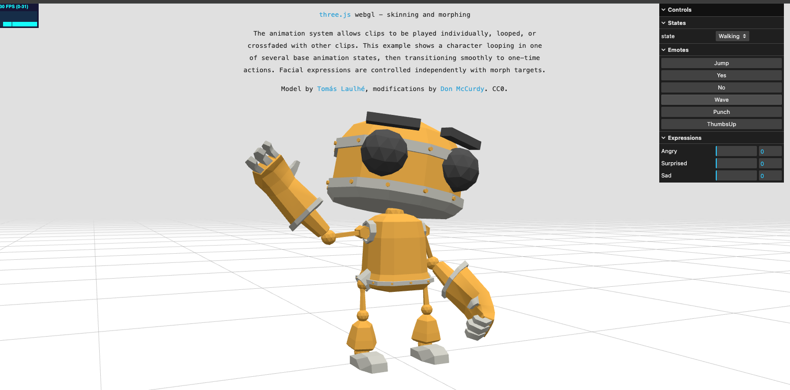 Screenshot przykładu animacji robota w ThreeJS